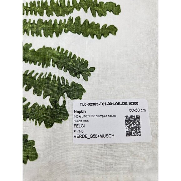 New Bertozzi Linen Napkin 20x20 Crumpled Natural Simple Hem Felcine Verde Leaves - Picture 3 of 5